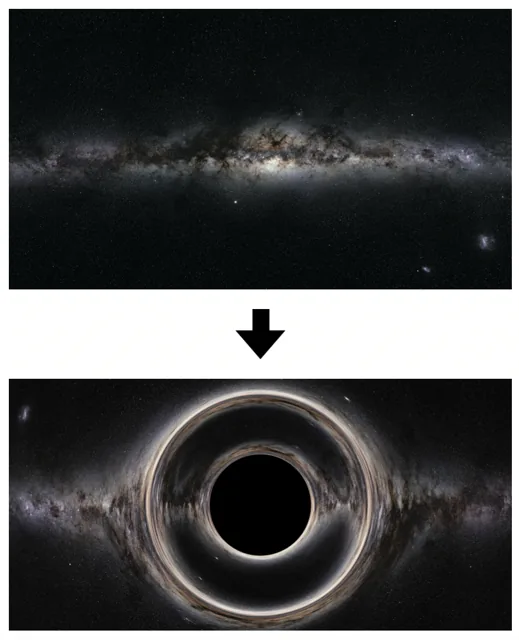 Milky Way panorama before and after a simulated black hole bends its light into an Einstein ring